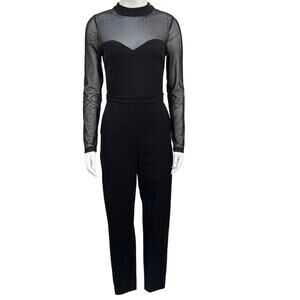 French Connection Mesh Long Sleeve Jumpsuit With Pockets Women's Size 6 Black